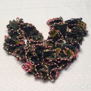 Knitted /Crochet Scarf Multi Color w/Small Pink & Cream Poms